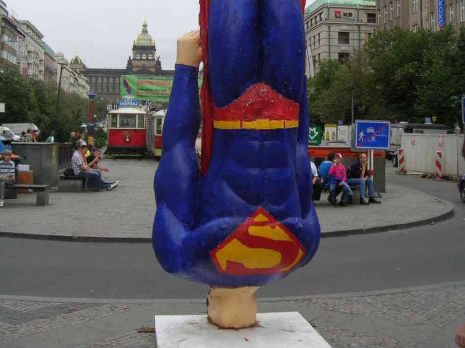 Superman crashlands in Wenceslas Square, Prague, Czech Republic.