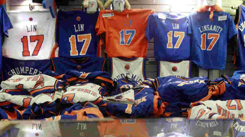 Jeremy Lin items are for sale before the basketball game between Lin's New York Knicks and the Sacramento Kings on Wednesday in New York.