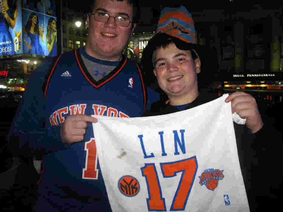 Jeremy and Zach Allen, fans of basketball player Jeremy Lin, attend the Knicks game Wednesday. The 16- and 12-year-old are from Oceanside, Long Island.
