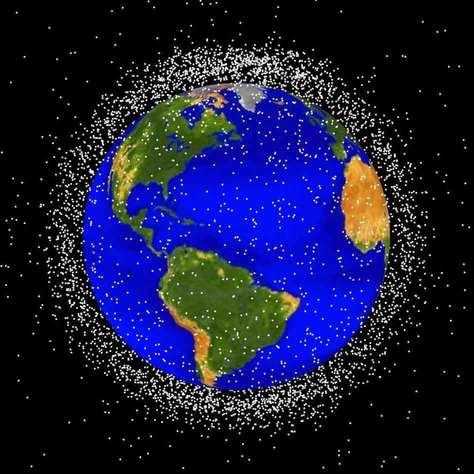 A rendering of items currently in Low Earth Orbit. According to NASA, "approximately 95 percent of the objects in this illustration are orbital debris, i.e., not functional satellites. The dots represent the current location of each item. The orbital debris dots are scaled according to the image size of the graphic to optimize their visibility and are not scaled to Earth." 