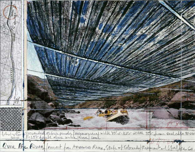 Artist Christo finances his projects by selling design drawings like this one, a preparatory sketch for the Over the River project on Colorado's Arkansas River. 