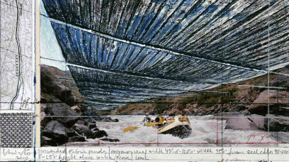 Artist Christo finances his projects by selling design drawings like this one, a preparatory sketch for the Over the River project on Colorado's Arkansas River. 