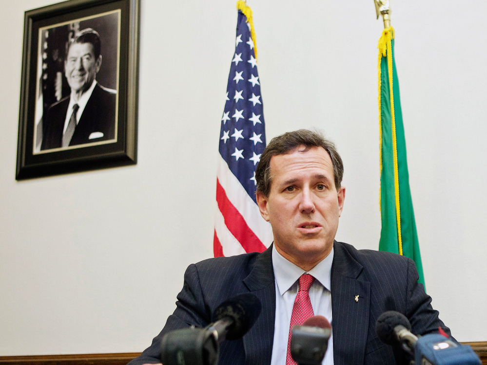 Rick Santorum speaks to the media Feb. 13, 2012 at the state capitol in Olympia, Washington. 
