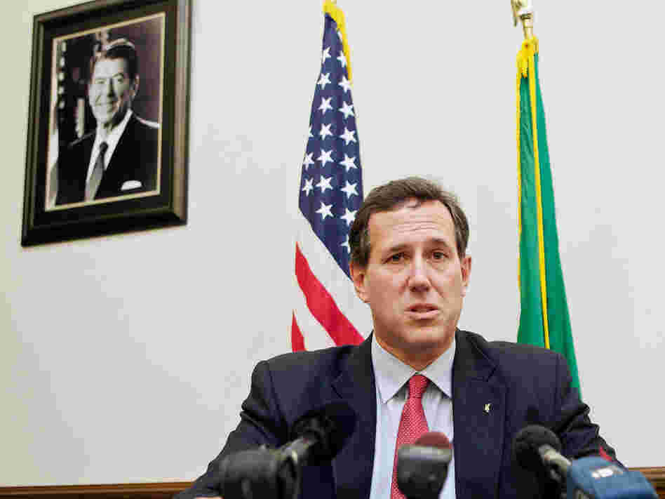 Rick Santorum speaks to the media Feb. 13, 2012 at the state capitol in Olympia, Washington. 