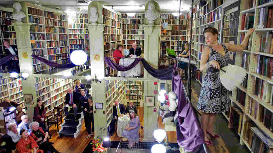 Actress Rebecca Gibel performs a song from the Gilbert and Sullivan Opera Patience, at the Athenaeum's Oscar Wilde-themed gala.