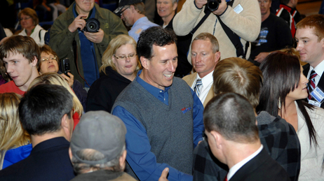 Republican presidential candidate, former Pennsylvania Sen. Rick Santorum works the crowd at the Tioga Public School on Wednesday in Tioga, N.D. Republican presidential candidate, former Pennsylvania Sen. Rick Santorum works the crowd at the Tioga Public School on Wednesday in Tioga, N.D.