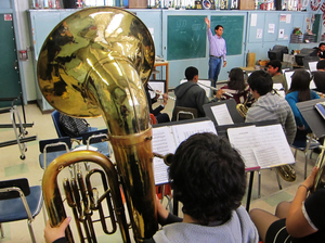 Teacher Ruben Gonzalez conducts the South Gate High School band. According to Gonzalez, thieves passed up a computer as well as a stash of valuable flutes, saxophones and clarinets to get to the school's tubas. Teacher Ruben Gonzalez conducts the South Gate High School band. According to Gonzalez, thieves passed up a computer as well as a stash of valuable flutes, saxophones and clarinets to get to the school's tubas.