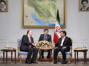Iranian President Mahmoud Ahmadinejad (right) meets with Azerbaijan's Foreign Minister Elmar Mammadyarov (left) in Tehran, Iran, March 7, 2011. Tensions have been growing between the countries, including a recent incident in which Tehran summoned the Azerbaijani ambassador to lodge its protest against alleged Israeli intelligence activity in Azerbaijan. Iranian President Mahmoud Ahmadinejad (right) meets with Azerbaijan's Foreign Minister Elmar Mammadyarov (left) in Tehran, Iran, March 7, 2011. Tensions have been growing between the countries, including a recent incident in which Tehran summoned the Azerbaijani ambassador to lodge its protest against alleged Israeli intelligence activity in Azerbaijan.