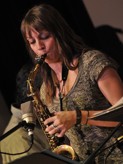  One of the newest Either/Orchestra members is Hailey Niswanger on alto sax and flute. 