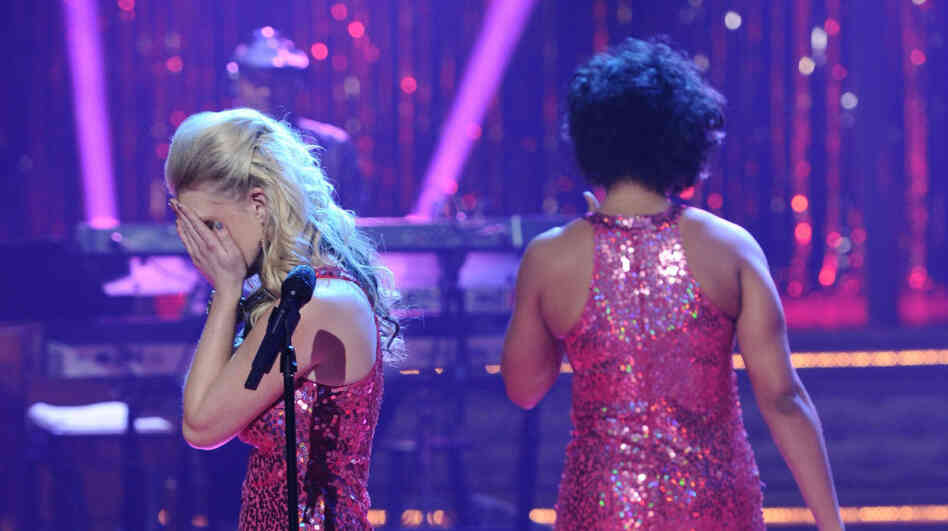 Britnee Kellogg (left) and Courtney Williams react to the judges verdict during American Idol's Las Vegas round. 
