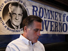 GOP presidential candidate Mitt Romney between campaign stops in Michigan. He sits next to an old campaign poster for his father George Romney, a three term governor for Michigan. GOP presidential candidate Mitt Romney between campaign stops in Michigan. He sits next to an old campaign poster for his father George Romney, a three term governor for Michigan.