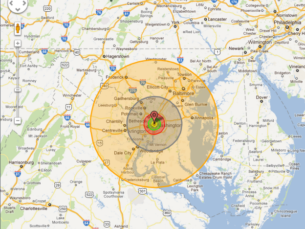 A screen grab from http://nuclearsecrecy.com/nukemap/ illustrating the damage done to Washington, DC in the event of the detonation of a 100 megaton bomb at NPR headquarters.