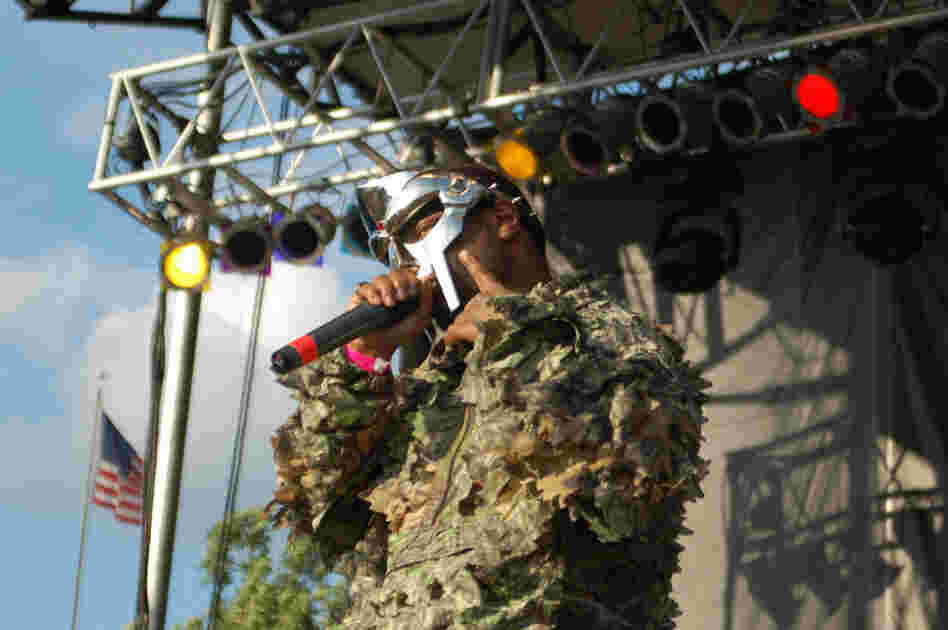 The mask worn by DOOM, shown here at the 2009 Pitchfork Music Festival in Chicago, is so closely-identified with the rapper's persona that he has been known to send doppelgangers wearing the mask on stage to lip-sync to his songs. 