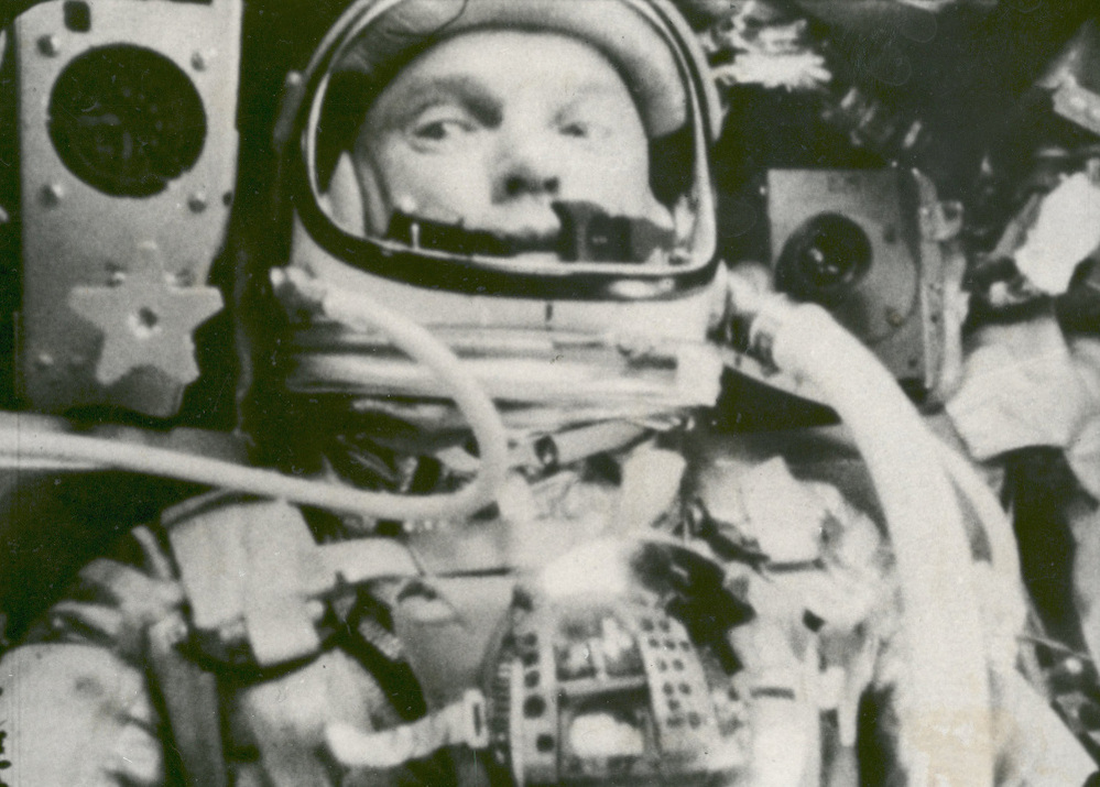 An image captured on Feb. 20, 1962, by NASA shows astronaut John Glenn during his space flight in the Friendship 7 Mercury spacecraft, weightless and traveling at 17,500 mph. The image was made by an automatic sequence motion picture camera.