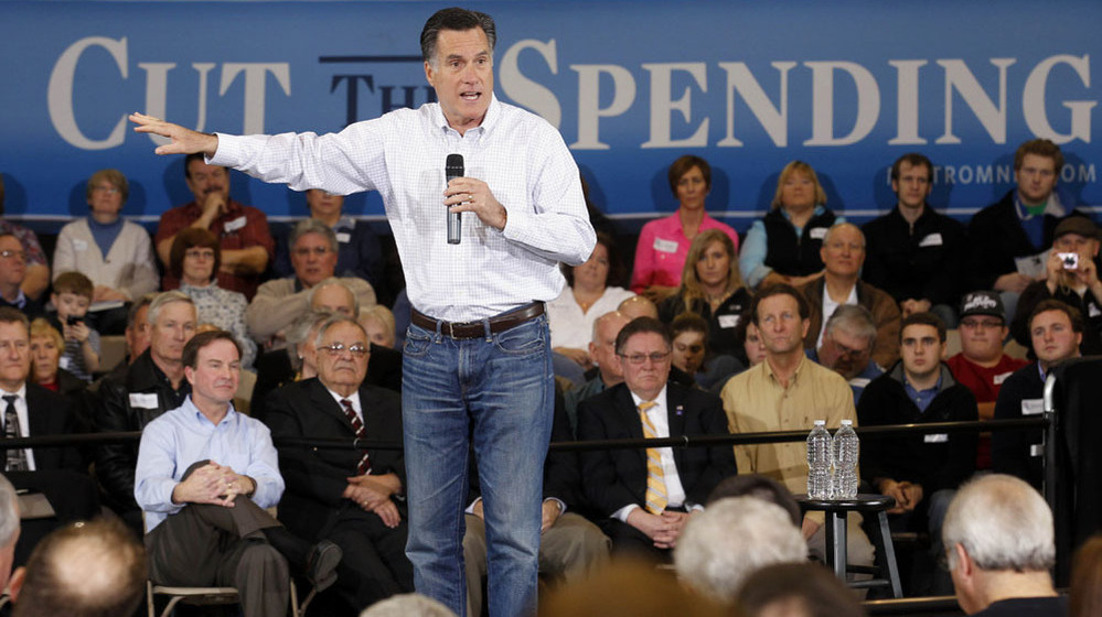 Republican presidential candidate Mitt Romney speaks at a town hall meeting at Eagle Manufacturing Corp. in Shelby Township, Mich., on Tuesday.