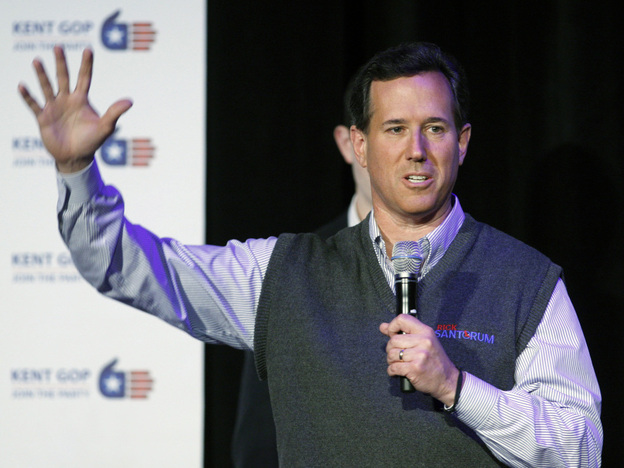 Former Pennsylvania Sen. Rick Santorum speaks at the Kent County Lincoln Day Dinner on Monday in Grand Rapids, Mich.