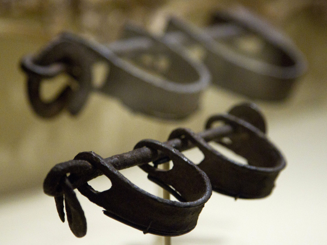 Nineteenth century bilboes typically found on slave ships are displayed at the Smithsonian's new exhibit: "Slavery at Jefferson's Monticello: Paradox of Liberty."