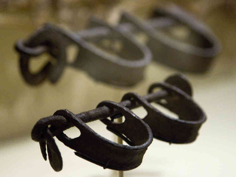 Nineteenth century bilboes typically found on slave ships are displayed at the Smithsonian's new exhibit: "Slavery at Jefferson's Monticello: Paradox of Liberty."