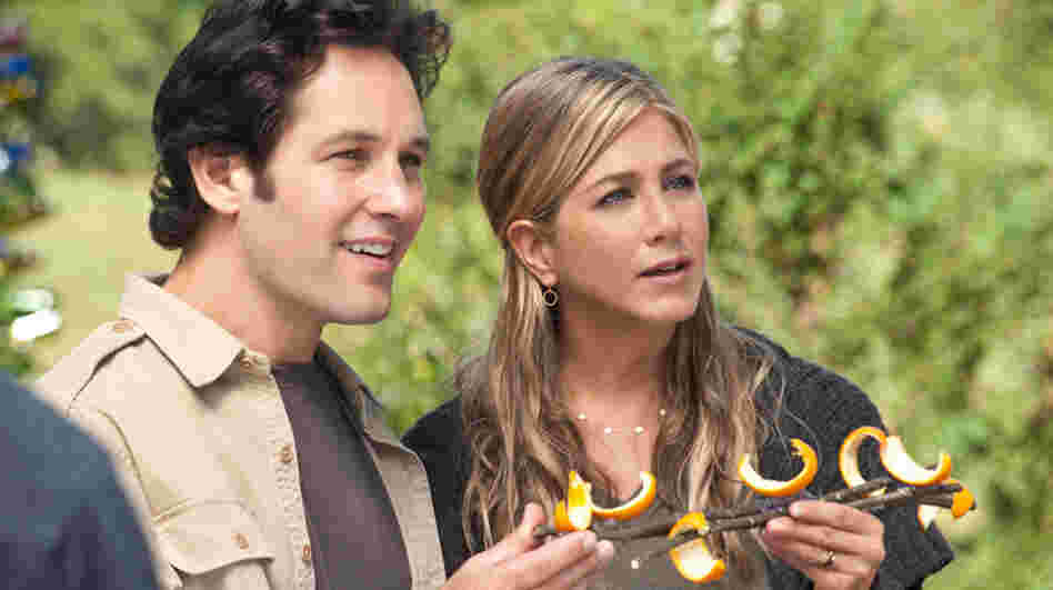 Orange You Glad We Wound Up Here? George (Paul Rudd) and Linda (Jennifer Aniston) play an unemployed Manhattan couple who stumble into a hippie farming commune whose denizens include characters played by Justin Theroux and Alan Alda. Orange You Glad We Wound Up Here? George (Paul Rudd) and Linda (Jennifer Aniston) play an unemployed Manhattan couple who stumble into a hippie farming commune whose denizens include characters played by Justin Theroux and Alan Alda.