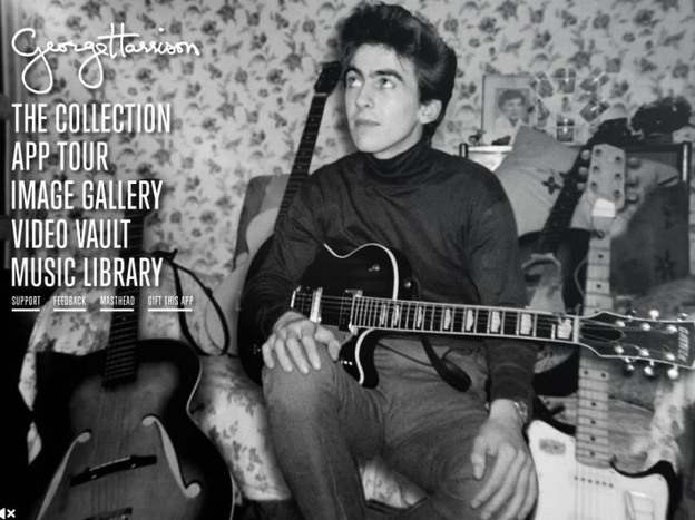 A young George Harrison and his many guitars.
