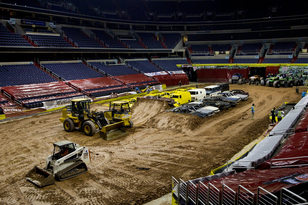 The Monster Jam tour begins in the late winter each year and ends in March -- visiting major cities in the U.S., Canada and Europe. The large venues that host these events, such as Washington, D.C.'s Verizon Center arena featured in this photo, begin their preparations for the show almost three weeks before the night of the event.