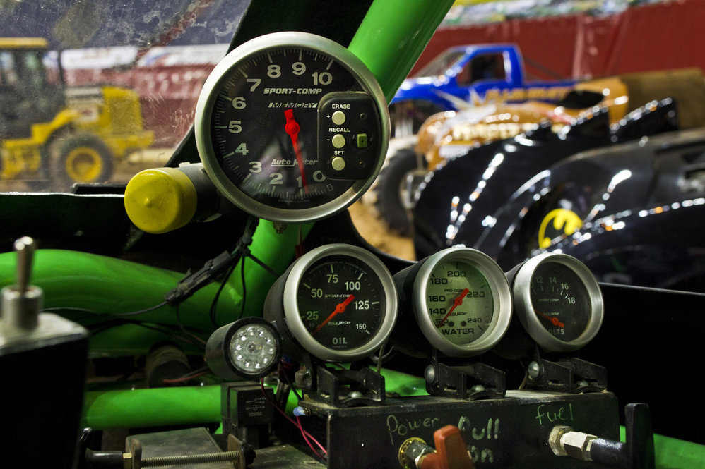 Every Monster truck is equipped with three safety shut offs. As seen from the front seat, the driver has one on the inside of the truck; another is clearly marked on the rear of the truck; and an official holds a remote kill switch in case the safety of onlookers is compromised.