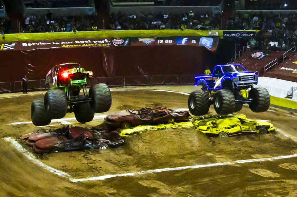 One of the Grave Digger's most visible trademarks is the red headlights that glow menacingly whenever the truck is in side-by-side racing competition. The first truck to cross the finish line moves onto the next round until it is eliminated or triumphs over the competition.