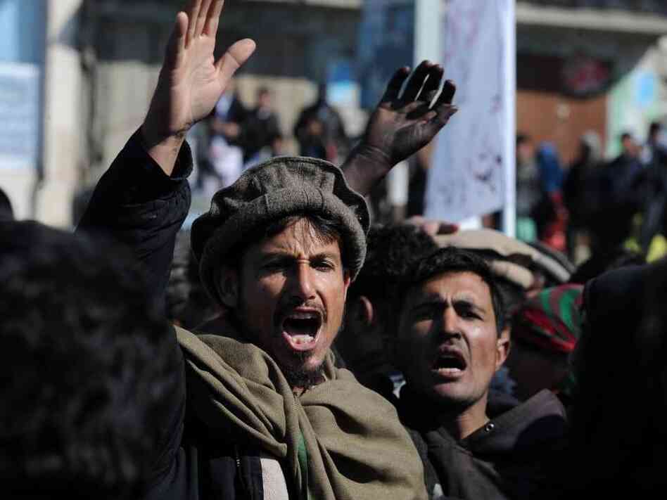 Demonstrators shouted anti-American slogans during a protest in Kabul today (Feb. 23, 2012).