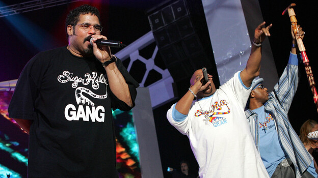 The Sugarhill Gang perform onstage at the close of the VH1 Hip Hop Honors at the Hammerstein Ballroom on October 3, 2004 in New York City.