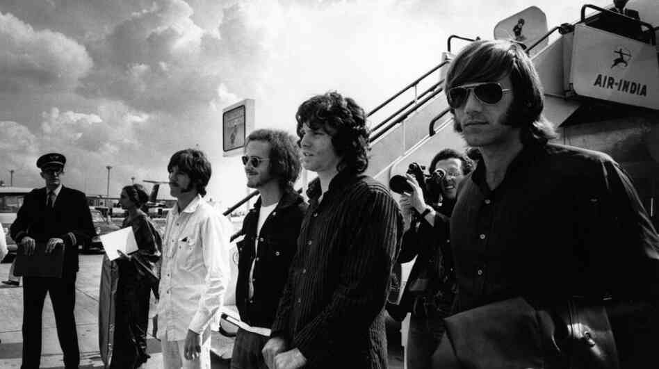 The Doors arrive at London Airport in 1968.