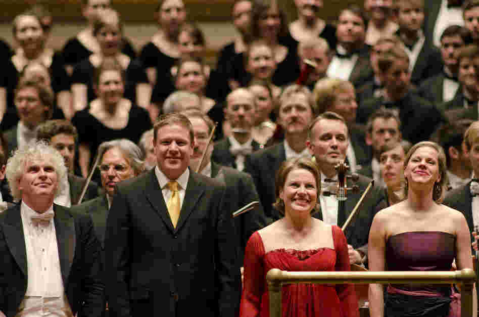 Westminster Symphonic Choir director Joe Miller joined Rattle, Fink and Tilling to receive the audience's loud cheers.