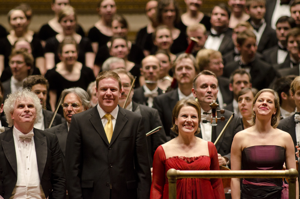 Westminster Symphonic Choir director Joe Miller joined Rattle, Fink and Tilling to receive the audience's loud cheers.