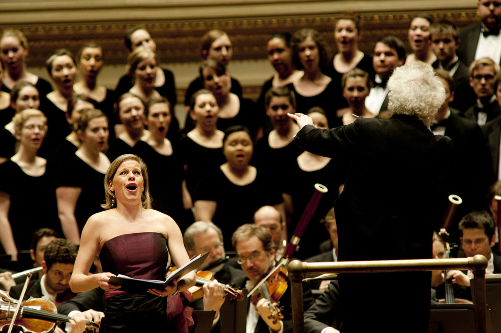 The evening began with the three rarely heard choral works by Wolf; Rattle leads soprano Camilla Tilling and the Westminster Symphonic Choir.