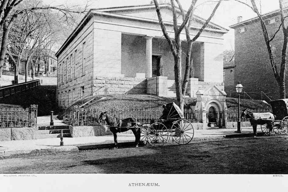 An exterior view shows the Providence Athenaeum library, circa 1880. 