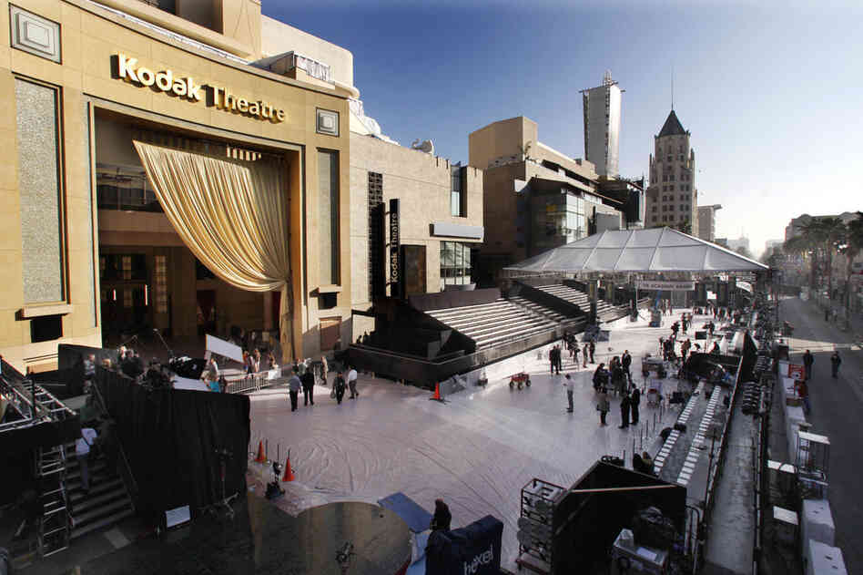 The Kodak Theater, seen early Friday morning, starts taking shape for Sunday evening's red-carpet arrivals in preparation for the 84th Academy Awards held in Los Angeles. 