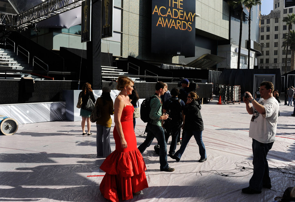 KTLA News reporter Wendy Burch poses on the red carpet during early preparations for the awards ceremony. 
