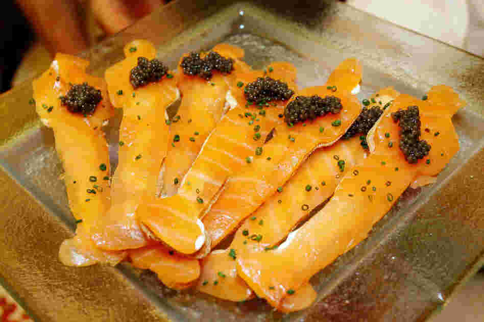 Another of Chef Wolfgang Puck's dishes for the ball: smoked salmon on Oscar flatbread with caviar 