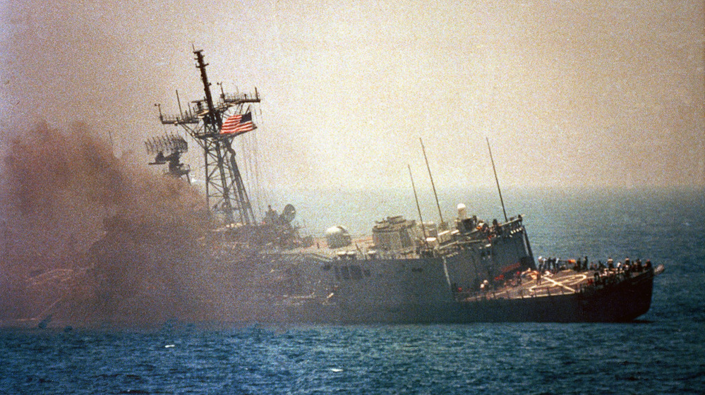 An Iraqi jet fired missiles that hit the USS Stark in the Persian Gulf in 1987, killing 37 U.S. sailors. Iraq and Iran were at war at the time, and the U.S. wanted to keep open the regiion's vital oil shipping lanes. The current friction between the U.S. and Iran has again raised tension in the Gulf. 