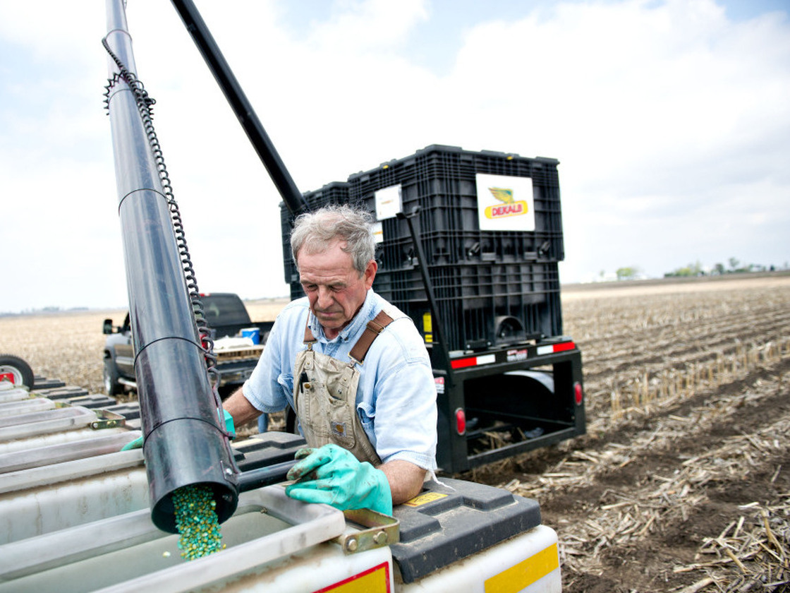 Farmer Alan Madison fills a seed hopper with Monsanto hybrid seed corn near Arlington, Illinois, U.S. A group of organic and other growers say they're concerned they'll be sued by Monsanto if pollen from seeds like these drift onto their fields. 