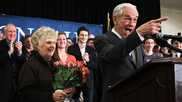 Republican Presidential candidate Ron Paul celebrates the "leap day" birthday of his wife Carol, left, during a rally Tuesday in Springfield, Va.