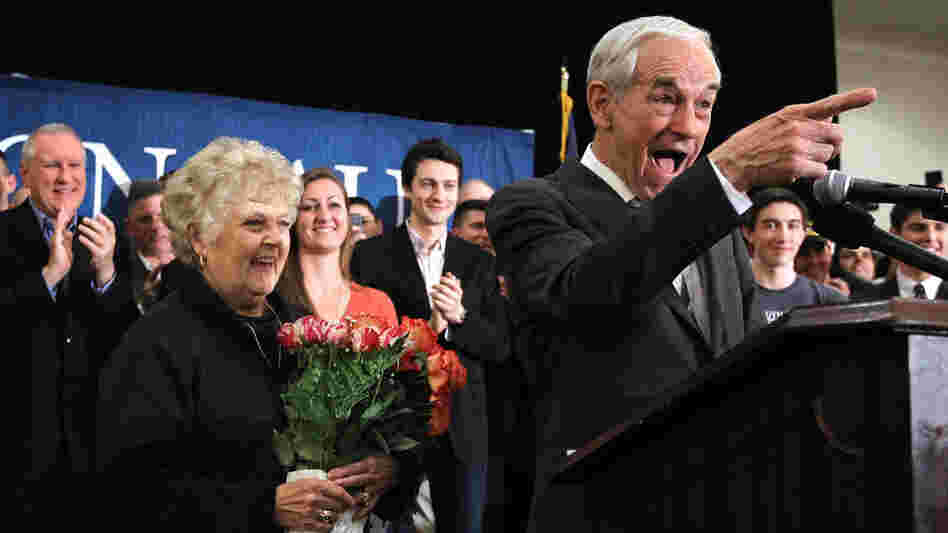 Republican Presidential candidate Ron Paul celebrates the "leap day" birthday of his wife Carol, left, during a rally Tuesday in Springfield, Va.