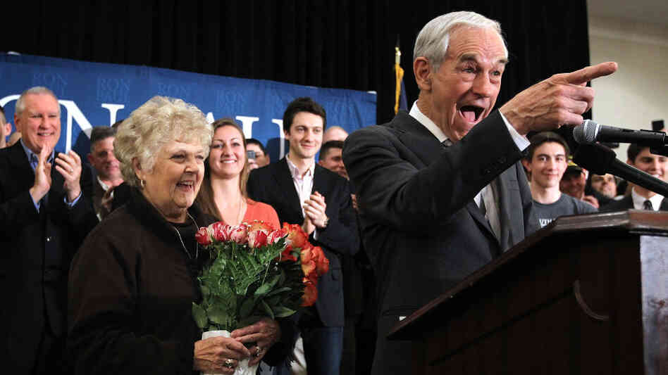 Republican Presidential candidate Ron Paul celebrates the "leap day" birthday of his wife Carol, left, during a rally Tuesday in Springfield, Va.
