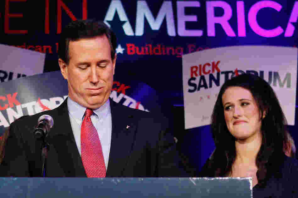 Rick Santorum speaks at an election night rally in Grand Rapids, Mich., after he placed second in both Michigan and Arizona. 