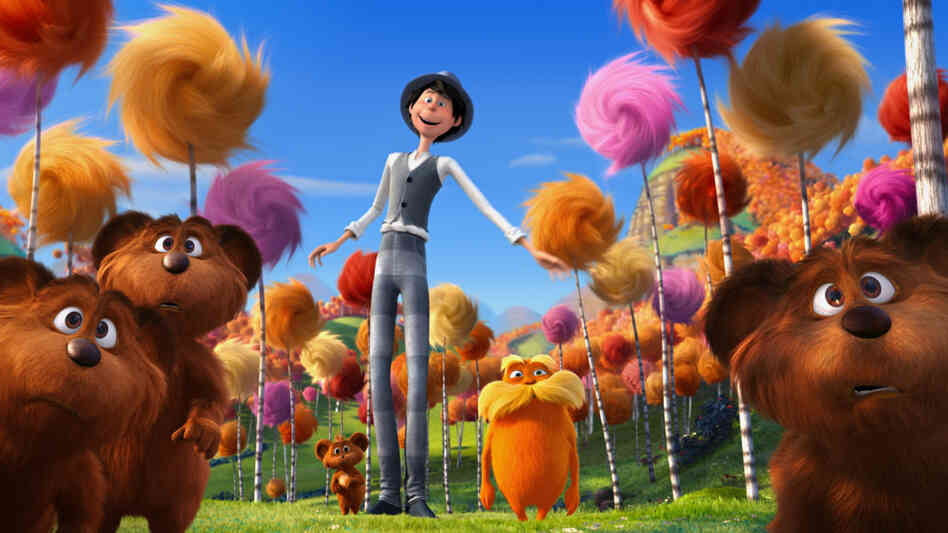 The Once-ler (voiced by Ed Helms) and the Lorax (Danny DeVito) are surrounded by bar-ba-loots in Truffula Valley in Dr. Seuss' The Lorax. The Once-ler (voiced by Ed Helms) and the Lorax (Danny DeVito) are surrounded by bar-ba-loots in Truffula Valley in Dr. Seuss' The Lorax.