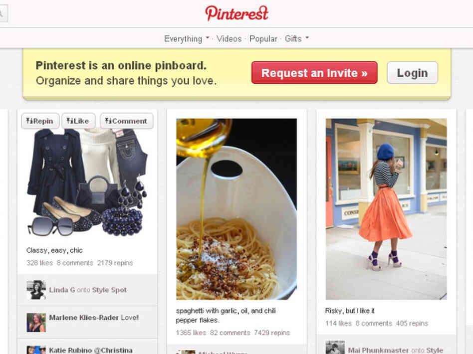 A visit to the Pinterest home page reveals images of what some say are stereotypically female interests, from women's fashions to recipes.
