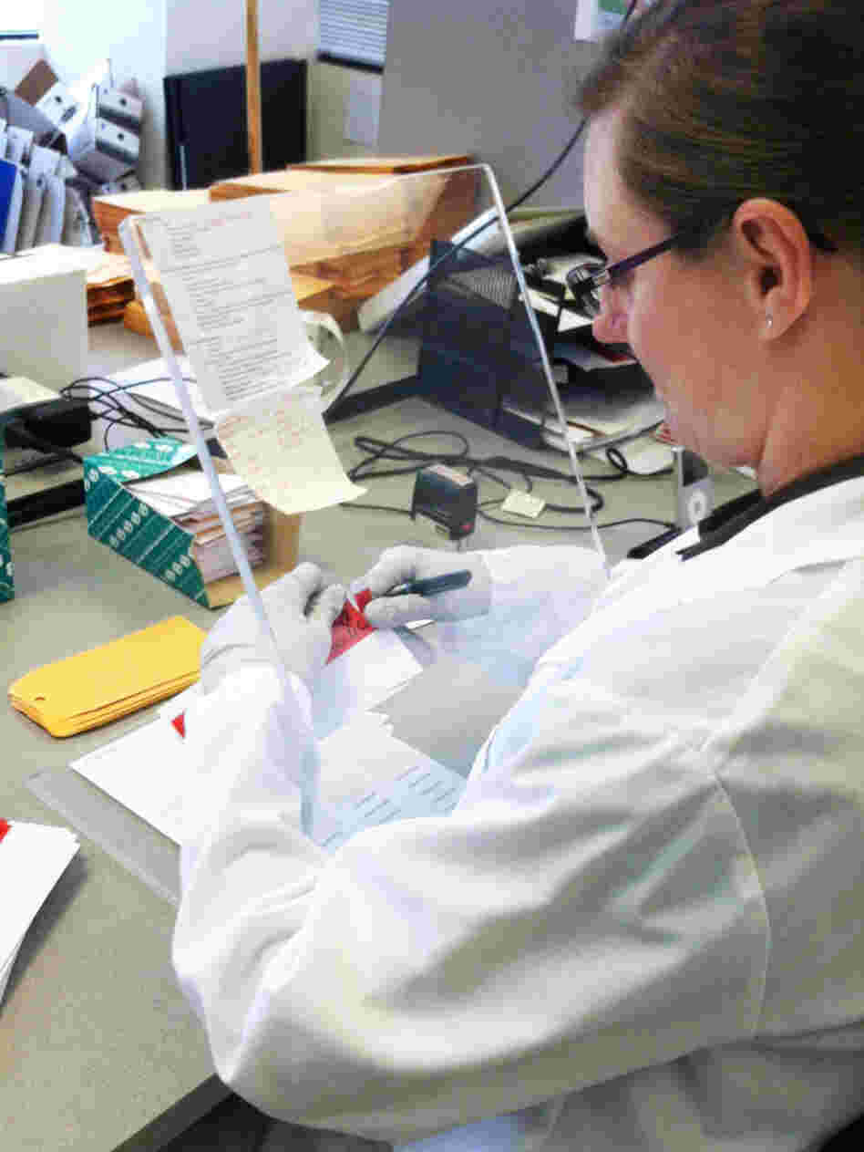 A Washington State Patrol crime lab technician opens DNA sample cards containing cheek swabs sent from jails and prisons. If the state Legislature approves pre-conviction DNA sampling, the number of cards the lab processes could double.