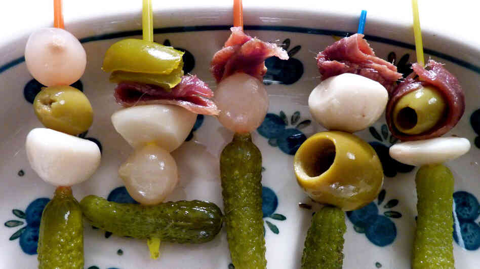  Banderillas, or colorful mini skewers of assorted pickles, olives and anchovies 