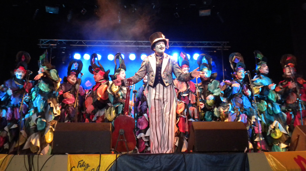 The murga choir Los Curtidores de Hongos performes at the Teatro de Lavalleja in Minas, Uruguay, in February.