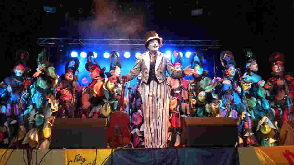 The murga choir Los Curtidores de Hongos performes at the Teatro de Lavalleja in Minas, Uruguay, in February.
