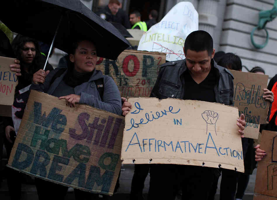 Students hoping for a repeal of California's ban on affirmative action in college admissions protest outside of the 9th U.S. Circuit Court of Appeals in San Francisco on Feb. 13. The Supreme Court will decide an affirmative action case next fall that could affect college admissions policies across the country. 
